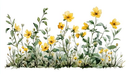 Poster - Charming watercolor painting of yellow wildflowers creating a natural border for text or graphics : Generative AI