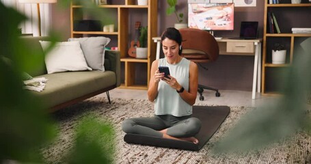 Poster - Happy, fitness and woman with smartphone, earphones and listening to music for exercise in morning. Streaming, calm and mature person with mobile for audio, workout and smile for song on web in house