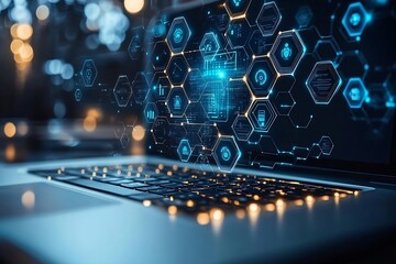 modern laptop displaying futuristic data network connection and digital interface concept visualizat