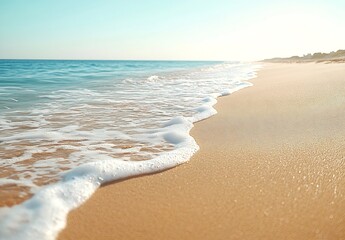 Leinwandbilder - Serene Beach Scene Gentle Waves Lapping Sandy Shore Under Clear Sky Perfect for Summer Vacation and Coastal Getaway Vibes Travel : Generative AI