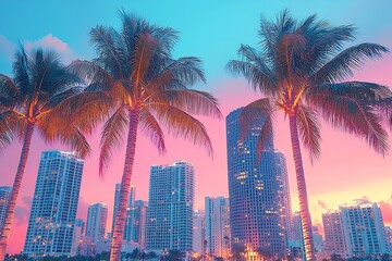 Poster - Miami Cityscape with Palm Trees at Sunset Pastel Sky Urban Scene Coastal Vacation Destination Travel and Tourism : Generative AI