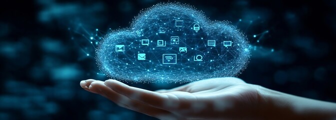 Fototapete - Cloud Computing Network Concept with Hand Holding Abstract Digital Cloud and Data Connection Technology Innovation : Generative AI