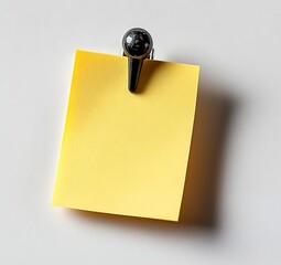 Fototapete - Yellow Sticky Note on White Background with Black Push Pin for Reminders ToDo Lists and Office Supplies : Generative AI