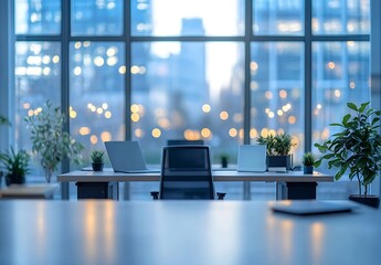 Aufkleber - Modern Open Office Space with Desk Laptops and Green Plants Overlooking City Lights At Twilight : Generative AI