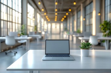 Fototapete - Modern Office Space with Laptop and Plant on Desk Minimalist Workplace Design Bright and Open Workspace Environment : Generative AI