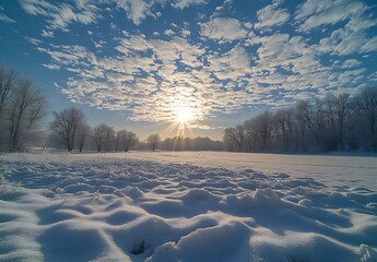 Aufkleber - Picturesque winter landscape with sun rays illuminating frozen fields and frosty trees : Generative AI