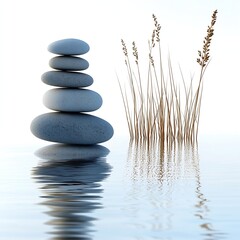 Fototapete - Stacked Zen Stones with Water Reflection and Dry Grass Promoting Calmness and Meditation for Wellness : Generative AI