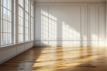 Fototapete - Empty Room with Hardwood Floors and Large Windows Sunlight Streaming In Interior Design and Architecture : Generative AI