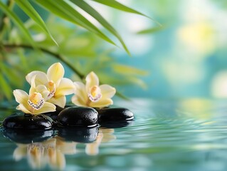 Poster - Elegant Display of Yellow Orchids on Stones Surrounded by Reflected Water Surface : Generative AI