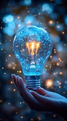 Poster - Sparkling Lightbulb in Hand Illuminates Creative Idea with Bokeh Background Symbolizing Innovation and Hope : Generative AI