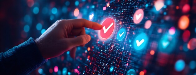Poster - Digital Approval Concept Finger Touching Tick Icon Futuristic Technology Confirmation and Agreement : Generative AI