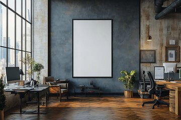 Leinwandbilder - Stylish Office Interior with Blank Poster Frame Mockup Desk Plants and Natural Light for Creative Workspace : Generative AI