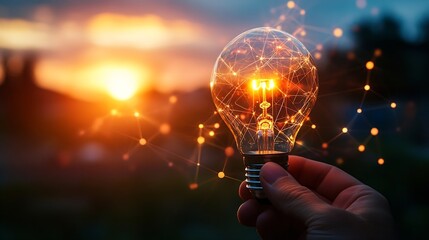 Aufkleber - Light Bulb Innovation Concept Hand Holding Illuminated Idea with Glowing Connections Sunset Background : Generative AI
