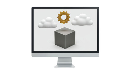 Wall Mural - isolated computer screen depicting cloud computing and gear symbol