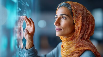 A woman with a hijab interacts with a digital interface, exploring futuristic tech.