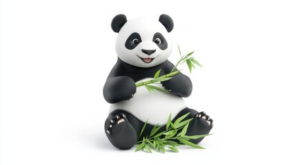 Fototapete - Giant panda enjoys bamboo while displaying an adorable expression in a clean setting