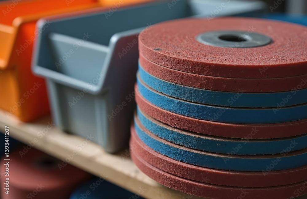 Stack of red and blue abrasive grinding wheels for construction ...