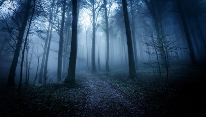  dark mysterious woods in fog at night