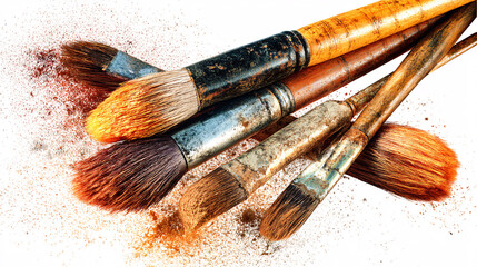 A set of makeup brushes showing signs of use with some powder remaining, commonly used for applying cosmetics.  