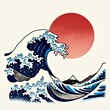 © IgorImageDoc - illustration iconic great wave off kanagawa japanese artist hokusai large wave red sun background wave depicted blue white colors crest wave center crest right side crest small white dots which