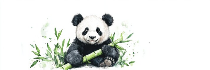 Fototapete - Giant panda enjoying bamboo with a cute expression against a clean white background