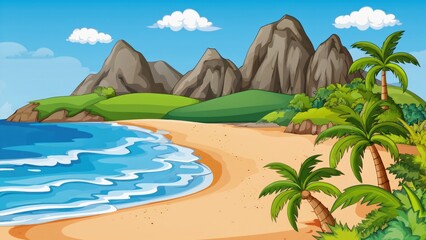 Wall Mural - A sunny day at the beach with palm trees and mountains in the background, great for vacation and travel themes