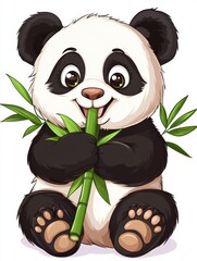 Aufkleber - Cute giant panda enjoys bamboo while sitting comfortably with a cheerful expression against a clean white background