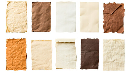 Wall Mural - collection of old paper textures isolated on black background, cut out transparent