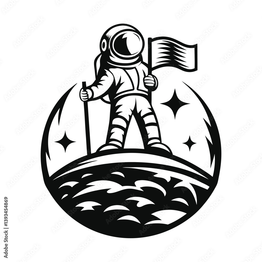 Astronaut Holding Flag Standing on Planet Surface in Black and White ...