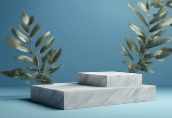 Wall Mural - 3d marble product shadow display background rendering leaves podium nature blue cosmetic fresh beaut