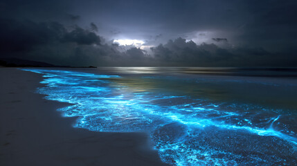 Wall Mural - glowing plankton created an otherworldly blue light on the beach at night, appearing against a white