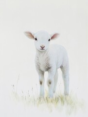 Aufkleber - Lamb standing quietly in a lush grass patch with a soft white background blending in beautifully