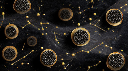 Wall Mural - small caviar balls are placed on blinis to resemble stars in constellations against a dark backgroun