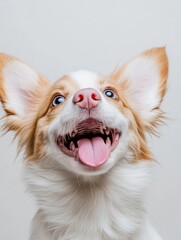 Poster - Happy corgi puppy plays in a white studio, tongue out and looking up with joy, capturing the essence of youth and playfulness