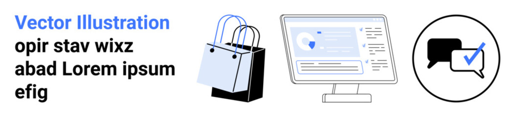 Shopping bags, computer monitor displaying security data, and chat bubble with checkmark. Ideal for e-commerce, cybersecurity, feedback systems, digital retail, software UI, customer service flat