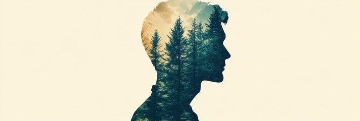 Poster - Human profile silhouette filled with forest texture represents nature and contemplation while evoking thoughts of the outdoors and introspection