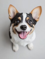 Poster - Playful happy corgi puppy looking up with tongue out in a bright white studio setting