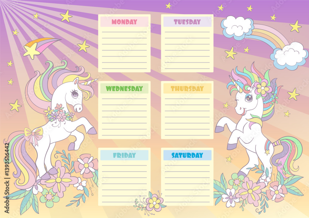 Cute Unicorn schedule, weekly planner and school time table design with ...