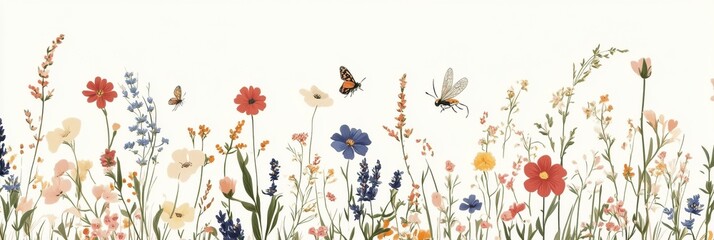 Aufkleber - Gentle wildflowers bloom in harmony with insects amidst a soft pale background in a whimsical illustration style