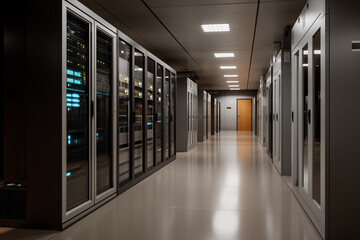  A dark, symmetrical server room captured from a centered aisle perspective