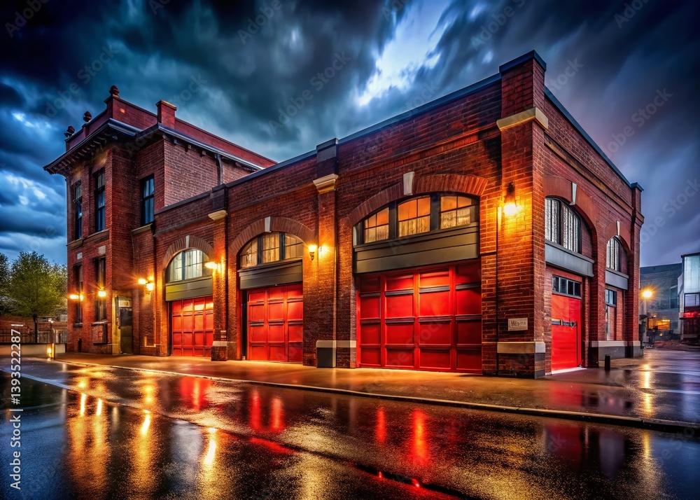 Dramatic Nighttime View of a Red Brick Fire Station A Symbol of ...