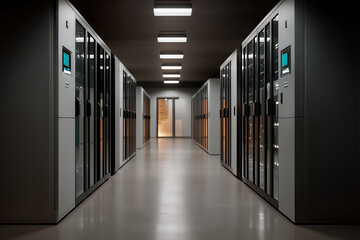  A dark, symmetrical server room captured from a centered aisle perspective