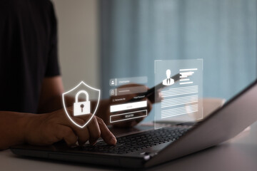 Aufkleber - Secure access data protection concept. Business man hand to access privacy profile on account in the company system by entering username and password for authorization security system of technology.