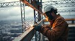 © Volgastudio - Skilled Worker Welding Metal Beams at High Altitude on Skyscraper with Cityscape Below