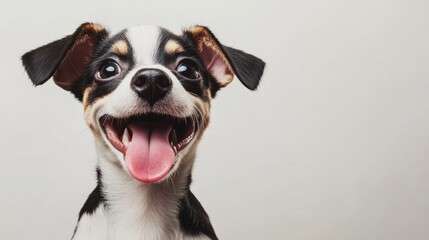 Poster - Happy corgi puppy looking up with tongue out in playful white studio setting