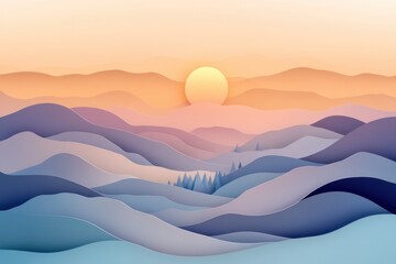 Leinwandbilder - Layered hills reveal morning light and soft fog in a tranquil landscape at dawn
