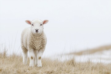 Aufkleber - Lamb standing in lush grass against a soft white background during a calm day