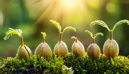 New life sprout and growth stage:  A collection of seeds that germinate and sprout, each one telling the story of new beginning in a harmonious, sun-drenched display.
