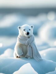 Aufkleber - Charming polar bear wearing a cozy scarf enjoys a serene moment on a pastel ice field in the winter landscape