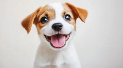 Poster - Happy corgi puppy playfully looking up with tongue out in a bright white studio setting